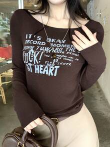 DAZY Women's Casual Slogan Print Long Sleeve T-Shirt, Autumn