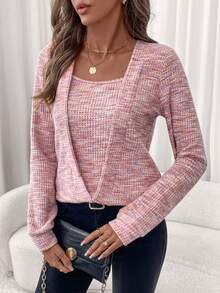 Editum Women's Elegant Pink Waffle Pattern Square Neck Sports Pullover Sweatshirt In Fall/Winter - Pink - View 7