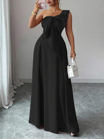 Elenzga Plus Size Women's Asymmetric Shoulder Elegant Romantic Party Dress With Plus Size Bow Waist A-Line, Suitable For Party, Wedding Guest, Bridesmaid, Autumn/Winter