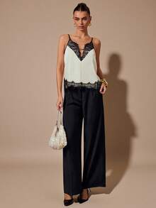 SHEIN BAE Áo hai dây satin cổ chữ V phối đen trắng, thích hợp cho tiệc tùng, tiệc cocktail, sinh nhật, phù dâu, khách dự đám cưới, tiệc brunch, áo không tay thanh lịch. - Màu be - Xem 6