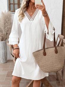 EMERY ROSE 女士休闲纯色喇叭袖短连衣裙 - 白色 - 查看 4