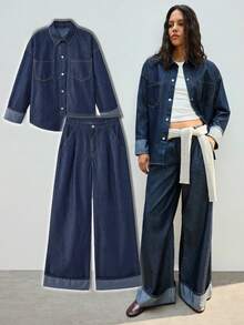 Maija 女士纯色休闲长袖牛仔衬衫 - 深色水洗藍 - 查看 2