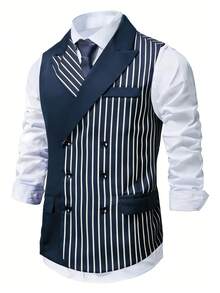 Manfinity Mode Casual Business Simple Double-Breasted Pocket Men's Suit Vest Men Suit Vest Men Double Breasted Vest - Navy Blue - View 3