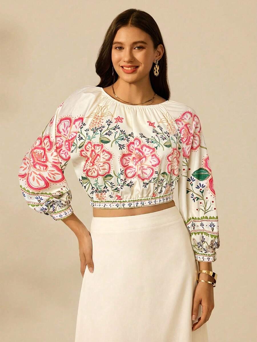CAJUNI 女士度假休闲热带花卉印花长灯笼袖黑色圆领短款衬衫 - 彩色 - 查看 1
