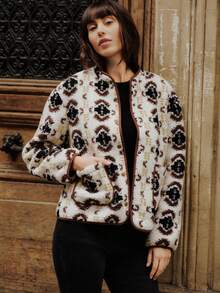 lacRébo Cream Floral Print Sherpa Jacket With Contrast Piping And Snap Button Closure Autumn Winter Spring Women Clothes Spring Winter Women's Jackets Crop Jackets For Women Cropped Jackets Bomber Jacket French Style Parisian Style - Chocolate Brown - View 5