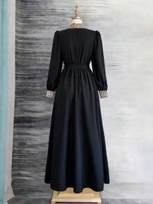 Franclia 女士长款连衣裙，刺绣拼接复古设计 - 黑色 - 查看 3