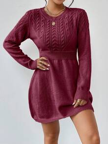 EMERY ROSE 女士纯色圆领长袖毛衣连衣裙 - 酒紅色 - 查看 3