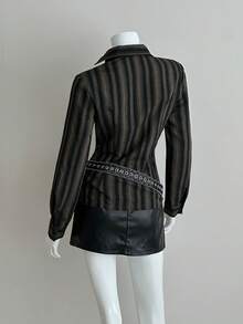 EgrlEra 女士复古性感时尚V领办公室休闲衬衫 - 黑色 - 查看 2