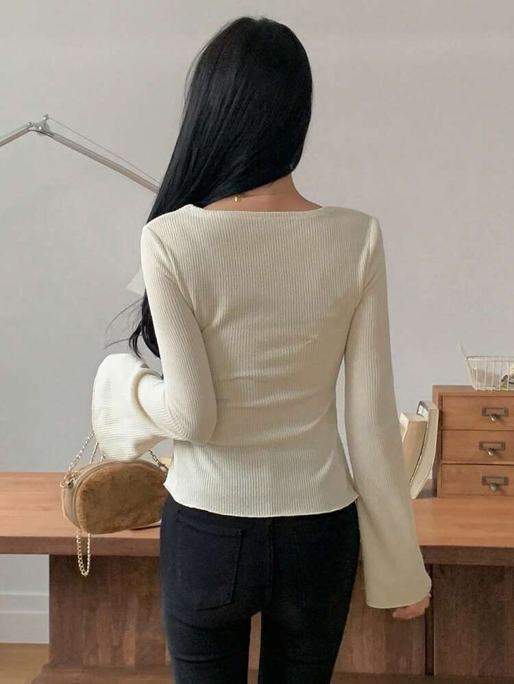 Women's Casual Solid Color Bell Sleeve T-Shirt Babydoll Top