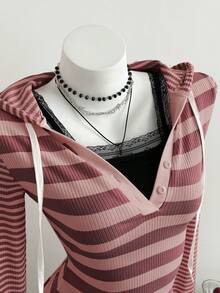 Elamini 女士复古黑灰条纹连帽长袖T恤 - 彩色 - 查看 4