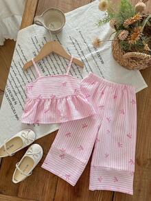 女宝宝可爱度假休闲条纹蝴蝶结装饰吊带背心和松紧腰裤套装 - 彩色 - 查看 6