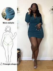Truni Plus Size Solid Color Draped Neck Elegant Sexy Long Sleeve Dress, For Pear Triangle Body Shape - Green - View 1