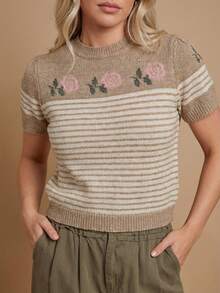 WESTFADE Áo len dệt kim cổ tròn tay ngắn phồng dáng rộng thoải mái họa tiết hoa sọc, thích hợp mặc mùa thu, đông, phong cách boho, miền Tây, đồng quê, đi xem hòa nhạc. - Cà phê nâu - Xem 6