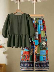 Linhara 女士大码纯色上衣，正面饰有蝴蝶结，搭配波西米亚印花拼接阔腿裤，时尚、优雅、百搭的两件套，适合休闲、通勤和海滩度假。 - 彩色 - 查看 2