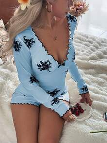 CottageSlumber Bộ áo liền quần dài tay in hoa, cổ chữ V, viền bèo nhún và nơ trang trí dành cho nữ. - Màu xanh lam - Xem 8