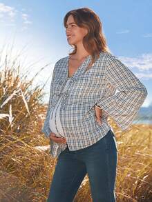 Boho Mama Blue And White Checkered Maternity Blouse, Tie Placket, Bell Sleeves, Suitable For Spring And Autumn Casual Vacations. - Blue - View 8