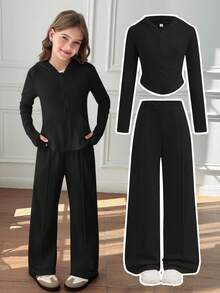 Tween Girls 2pcs Solid Drawstring Hoodie Top And Wide Leg Pants Set, Casual For Spring/Autumn, Daily Wear - Black - View 14