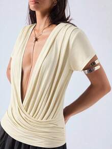 LYSMO قميص نسائي بياقة عميقة على شكل حرف V لون المشمش - لون مشمشي - مشاهدة 4