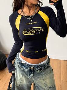 Coolane 女士秋冬街头休闲运动装返校休闲棉质撞色深蓝色圆领长袖T恤 - 藏蓝色 - 查看 5