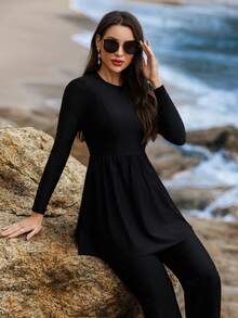 Swim Shayni Women 2-Piece Set High Neck Long Sleeve Ruched Dress Top And Capri Pants, Middle Eastern Beach Cruise Vacation Swimsuit Cover Up - Black - View 5