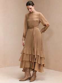 Arave 女士立领长袖腰带设计层叠荷叶边下摆优雅法式连衣裙，适合度假和派对 - 棕色 - 查看 6