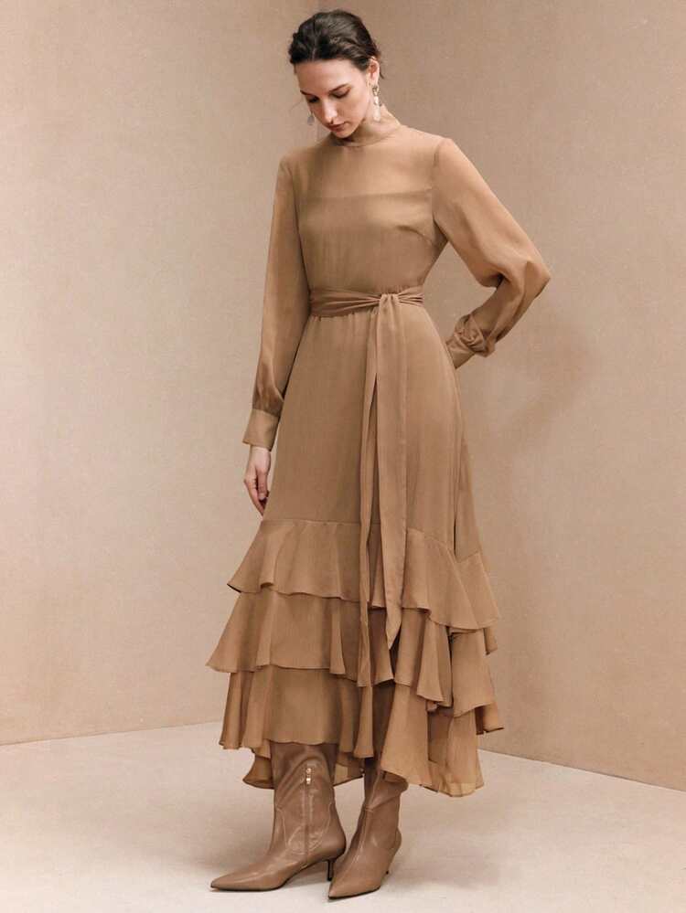 Arave Vestido elegante de estilo francés con cuello alto, manga larga, diseño de lazo en la cintura y dobladillo con volantes en capas, para vacaciones y fiestas - Marrón - Añade 6