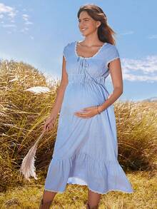 Boho Mama Spring Outfit Women Maternity Casual Daily Soft Dress,Cotton Striped Lace Patchwork Maternity Dress