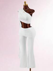 Amplova Bộ đồ 2 món thời trang áo crop top và quần ống loe thiết kế dây nhún màu trơn dành cho nữ - trắng - Xem 11