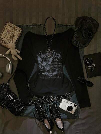 SHEIN EZwear Nuevo llegado de otoño Camiseta de manga larga con cuello de escote amplio, hombro oblicuo, volante en el bajo y estampado sexy asimétrico en el hombro para mujer