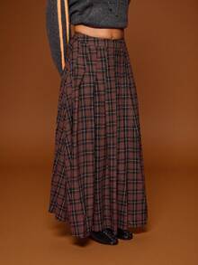 COUREZ Maxi Fold Pleated Skirt In Check /Y2K  Spring For Women Party For Women Going Out Sexy Skirt Elegant Skirt Brown Long Skirts For Women Festivals - Brown - View 5