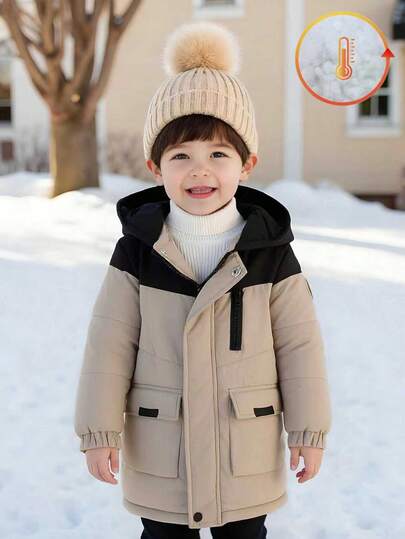 SHEIN 男童连帽撞色长款羽绒服，返校季