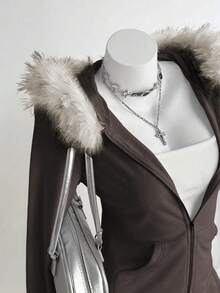 Sweetra Áo khoác nỉ ngắn tay kiểu vintage có khóa kéo dành cho nữ, dáng ôm, màu hồng, thích hợp cho mùa thu/đông. - màu nâu - Xem 6