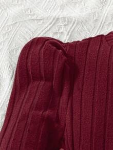 SHEIN 1pc Girls Crew Neck Long Sleeve Ribbed Knit Patchwork Floral Hem Dress, Sweet & Ladylike, Autumn - Burgundy - View 5