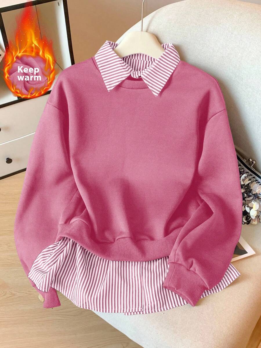 Modelyn 条纹拼接二合一长袖优雅时尚女式卫衣