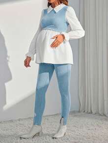 SHEIN Maternity Spring And Summer Clothing New Fashion Casual Contrasting Color Stitching Long Sleeve Two Pieces Set - Baby Blue - View 3
