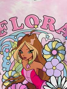 The Winx x SHEIN Plus Size Summer Casual Portrait & Floral Tie Dye Print Round Neck Short Sleeve T-Shirt - White - View 4