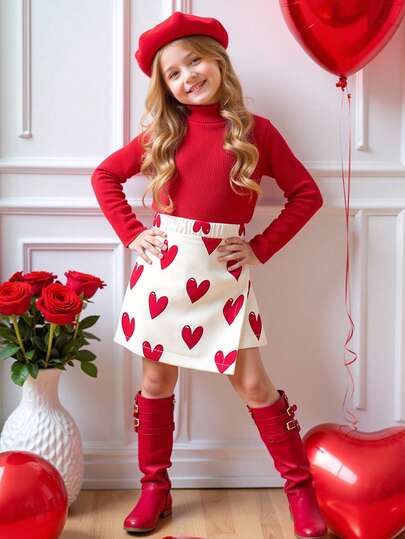 Playful Pals 2 piezas Conjunto de Primavera Día de San Valentín para niñas pequeñas, blusa de manga larga acanalada roja esponjosa combinada con pantalones cortos estampados de corazones, adecuado para uso casual, al aire fiestas festivas