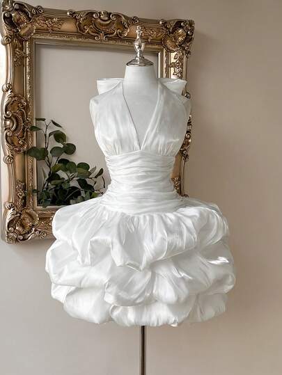 Lovelzi Elegante, romántico y de moda vestido con volantes de satén blanco con decoración de lazo de lentejuelas, vestido de fiesta elegante, vestido de invitada de boda, vestido blanco, vestido de despedida de soltera, vestido de graduación, vestido de ducha nupcial