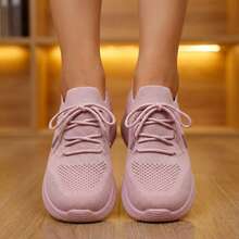 Mujer Zapatillas Deportivas De Tejido De Punto Transpirable Con Cordones Suela Gruesa Rosa - Rosa - Ver 3