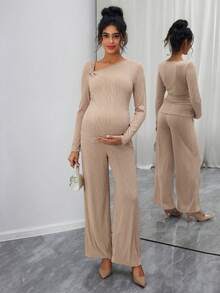 Momance Elegant Asymmetric Neckline Rose Gold Button Decor Long Sleeve T-Shirt + Pants Maternity Set - Khaki - View 6