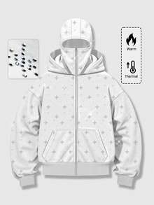 ROMWE MEN Street Life Men's Autumn/Winter Fashion Rhinestone Zipper Hoodie Sweatshirt, Long Sleeve Top - White - View 3