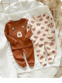 男婴可爱卡通图案针织长袖上衣和裤子贴身睡衣套装 - 彩色 - 查看 1