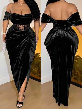 Slaydiva 2025秋冬新款Y2K复古优雅精致基础款日常鸡尾酒会假日通勤大码奢华派对优雅纯色修身黑色蕾丝拼接天鹅绒无肩带中长连衣裙，饰有荷叶边、连帽领、缎面和蕾丝饰边，优雅复古风格，适合度假和派对穿着。