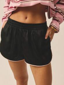 Aralina 女士休闲缎面运动裤，侧边撞色条纹设计，非常适合夏季、海滩和派对穿着。 - 黑色 - 查看 4