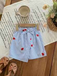 SHEIN Babygirl Cute Casual Versatile Striped Strawberry Pattern Elastic Waist Shorts - Multicolor - View 8