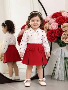 SHEIN 2pcs Baby Girls Unisex Infant Toddler 0-3 Years Spring/Autumn White Long Sleeve Heart Print Accent Cardigan Paired With Red Bow Accent Skirt Set, Suitable For Outings, Home Photoshoot, Gatherings With Friends/Family, Birthday Parties,Baby Girls Clothes,Girls Outfit Sets,Valentine'S Day Outfit,Red Heart-Patterned Suit, Heart-Patterned Shirt, Bright Red Skirt,Toddler  Girls Outfit Sets,Baby Girl'S White Heart-Shaped Shirt