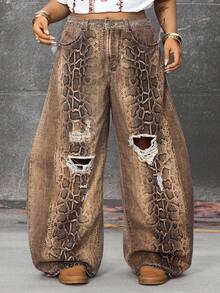 ROMWE EDITION Plus Size Vintage Washed Leopard Print Wide Leg Jeans - Brown - View 7