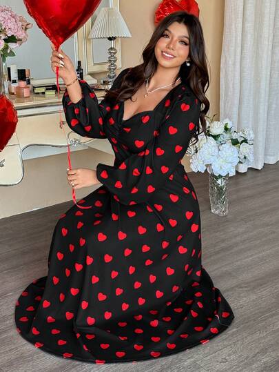 Vionelle Plus Size Women Valentine's Day Heart Pattern Ruched Dress Valentine's Day Polka Dot Dress Women Cherry Dress Women Strawberry Dress Women Heart Print Dress Black Red Heart Dress Long Sleeve Maxi Dress Women Maxi Dress Women Heart Dress