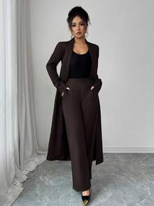 Elenzga Two Pieces Suit: Women's Elegant Lapel Long Sleeve Long Jacket And Straight Pants Two Pieces Suit, Exquisite And Elegant, Suitable For Office, Commuting, Street Style, French Romance, Casual, Middle Eastern Retro, Afternoon Tea, Party, Thanksgiving, Back To School, Autumn And Winter Wide Leg Pants Set Brown Two Pieces Set Women Women's Suit Set Longline Blazer Set Pant Suit Set - Coffee Brown - View 5
