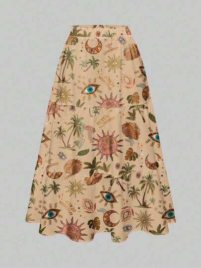 Fairycore 3-lagiger mysteriöser beiger Urlaubs-Rock für Frauen mit lockerem Kokospalmen- und Augen-Muster